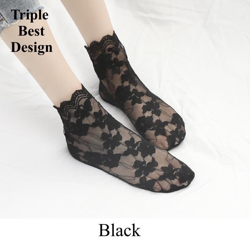 5Pairs Different Colors Crystal Lace Socks Summer Women's clothing Transparent Lace Silk Flower Girls Elastic medium-tube Cotton Bottom Casual Socks&Hosiery Women Non-slip heel Invisible Lace socks