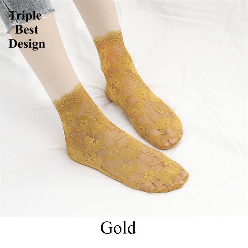 5Pairs Different Colors Crystal Lace Socks Summer Women's clothing Transparent Lace Silk Flower Girls Elastic medium-tube Cotton Bottom Casual Socks&Hosiery Women Non-slip heel Invisible Lace socks