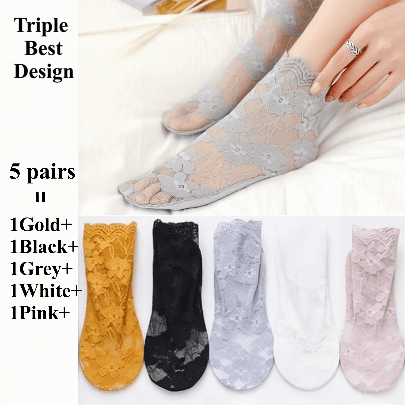 5Pairs Different Colors Crystal Lace Socks Summer Women's clothing Transparent Lace Silk Flower Girls Elastic medium-tube Cotton Bottom Casual Socks&Hosiery Women Non-slip heel Invisible Lace socks