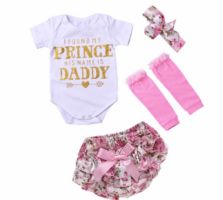 4PCS Newborn Baby Girls Clothes Letter Printing Romper+Pink Warm Legging+Floral Shorts+Headband Set