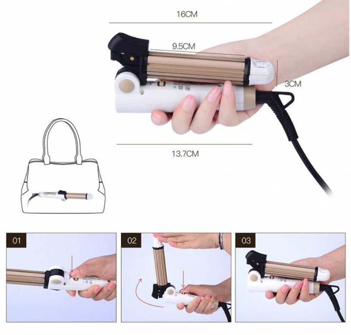3 in 1 Foldable Hair Curler Curling Iron + Hair Straightener Flat Iron + Corn Plate Hair Curler