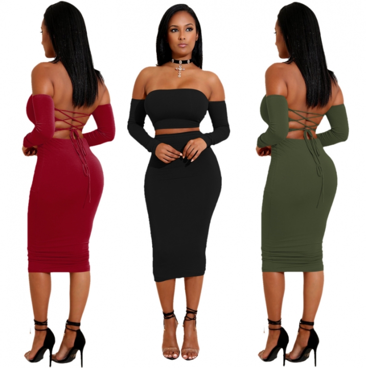 M&J 2Pcs Sexy Off Shoulder Bodycon Backless Dresses Women Celebrity Party Office Club Dresses