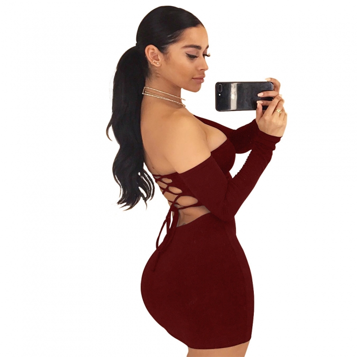 M&amp;J Sexy Strapless Dress Long Sleeve Off Shoulder Lace Up Mini Dress Bodycon Club Party Dresses