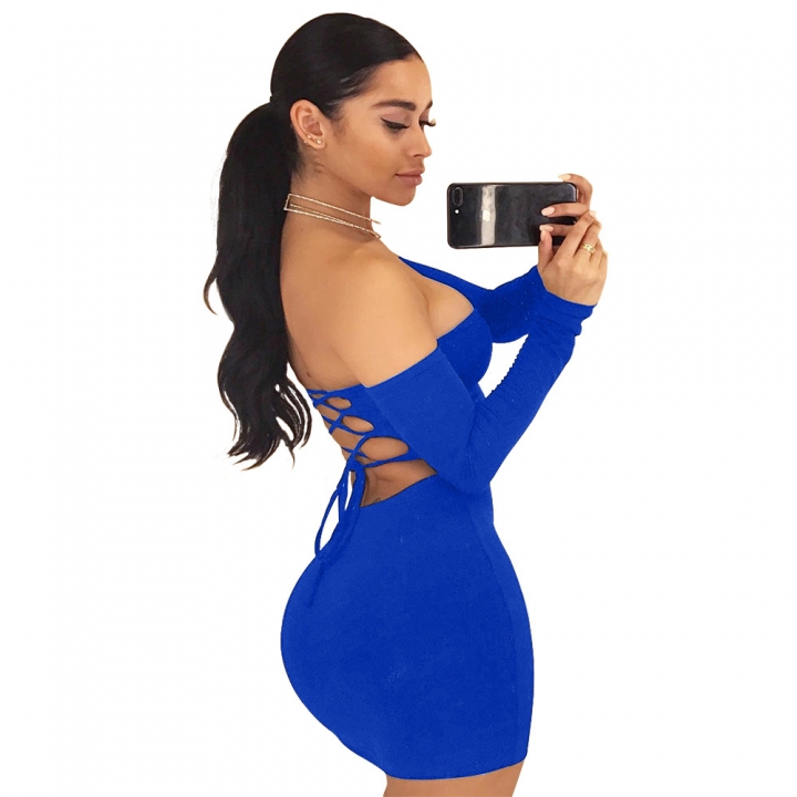 M&amp;J Sexy Strapless Dress Long Sleeve Off Shoulder Lace Up Mini Dress Bodycon Club Party Dresses