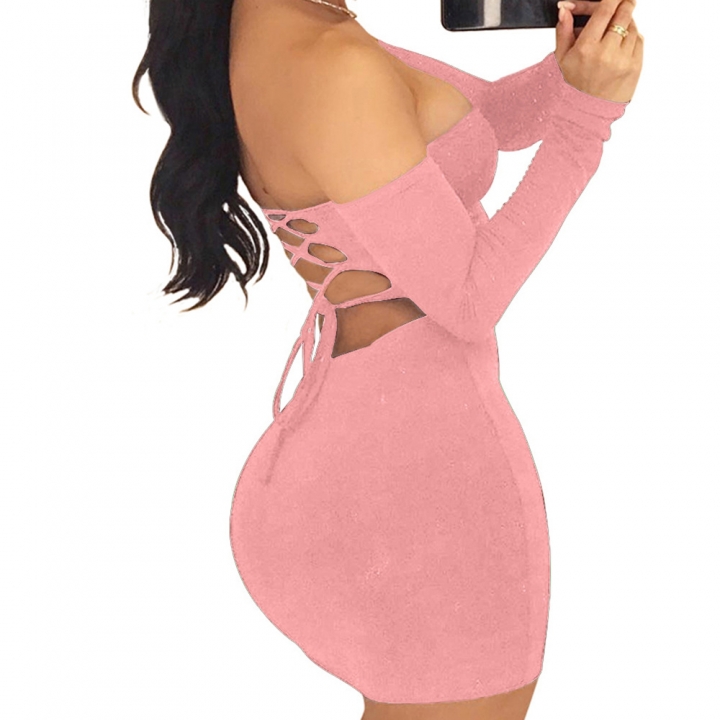 M&amp;J Sexy Strapless Dress Long Sleeve Off Shoulder Lace Up Mini Dress Bodycon Club Party Dresses