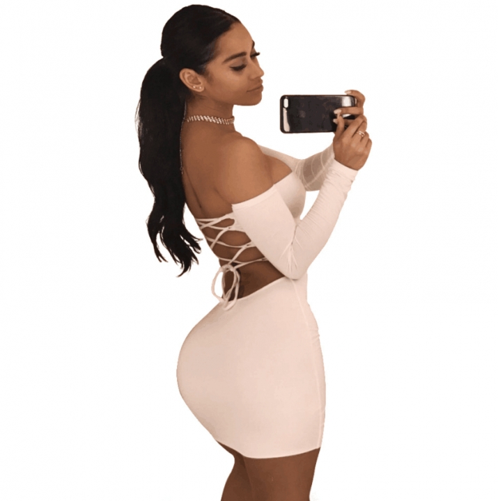 M&amp;J Sexy Strapless Dress Long Sleeve Off Shoulder Lace Up Mini Dress Bodycon Club Party Dresses