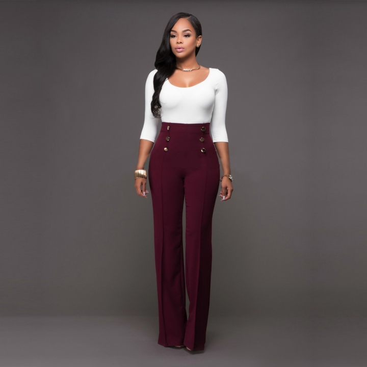 Wide Leg High Waist Women Pants Button Casual Pants Office Lady Fashion Loose Stretch Women Trousers