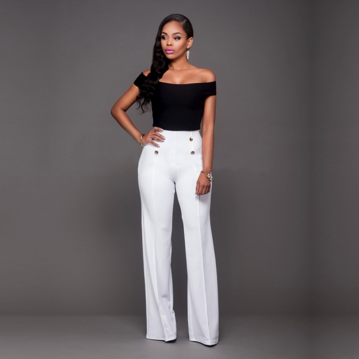 Wide Leg High Waist Women Pants Button Casual Pants Office Lady Fashion Loose Stretch Women Trousers