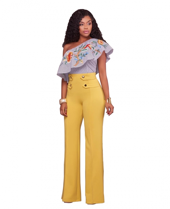 M&J Wide Leg High Waist Women Pants Button Casual Pants Office Lady Fashion Women Trousers