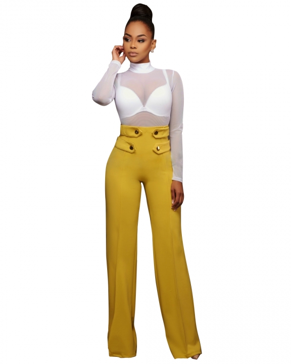 M&J Wide Leg High Waist Women Pants Button Casual Pants Office Lady Fashion Women Trousers