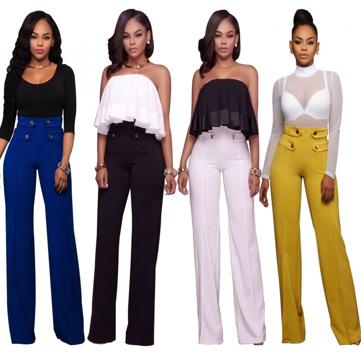 M&J Wide Leg High Waist Women Pants Button Casual Pants Office Lady Fashion Women Trousers