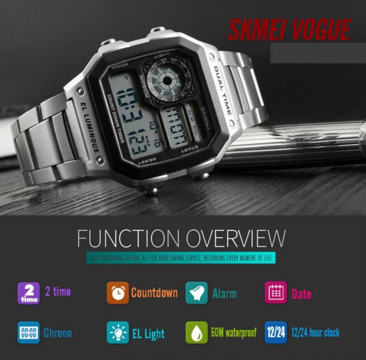 SKMEI Men Sports Watches Countdown Waterproof Watch Stainless Steel Fahion Digital Wristwatches Male