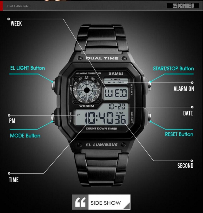 SKMEI Men Sports Watches Countdown Waterproof Watch Stainless Steel Fahion Digital Wristwatches Male