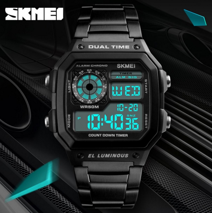 SKMEI Men Sports Watches Countdown Waterproof Watch Stainless Steel Fahion Digital Wristwatches Male