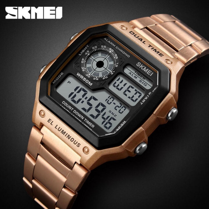 SKMEI Men Sports Watches Countdown Waterproof Watch Stainless Steel Fahion Digital Wristwatches Male
