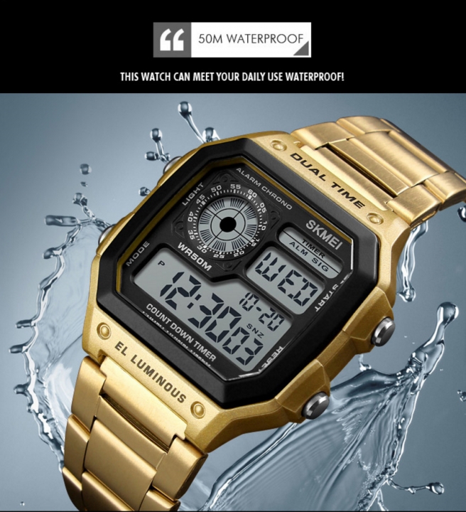 SKMEI Men Sports Watches Countdown Waterproof Watch Stainless Steel Fahion Digital Wristwatches Male