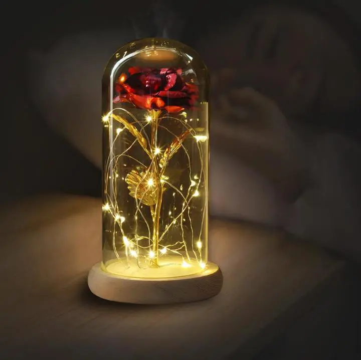 LED Gold Rose In Glass Dome Beauty And The Beast Rose Decorative Flowers Birthday Valentine's Gifts