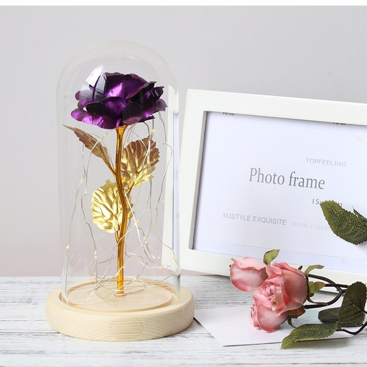 LED Gold Rose In Glass Dome Beauty And The Beast Rose Decorative Flowers Birthday Valentine's Gifts
