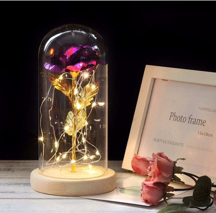 LED Gold Rose In Glass Dome Beauty And The Beast Rose Decorative Flowers Birthday Valentine's Gifts