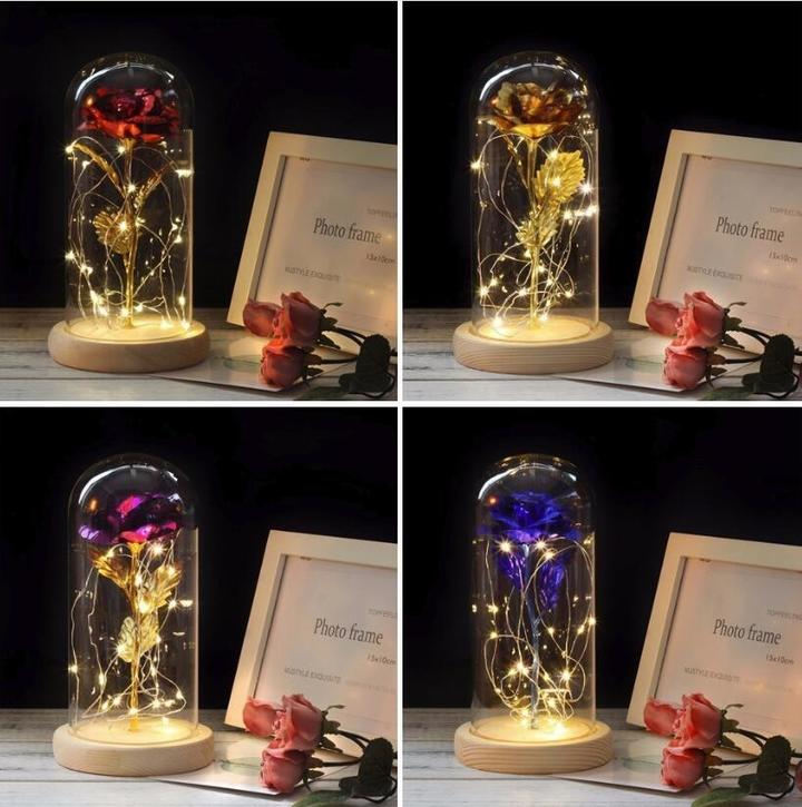 LED Gold Rose In Glass Dome Beauty And The Beast Rose Decorative Flowers Birthday Valentine's Gifts
