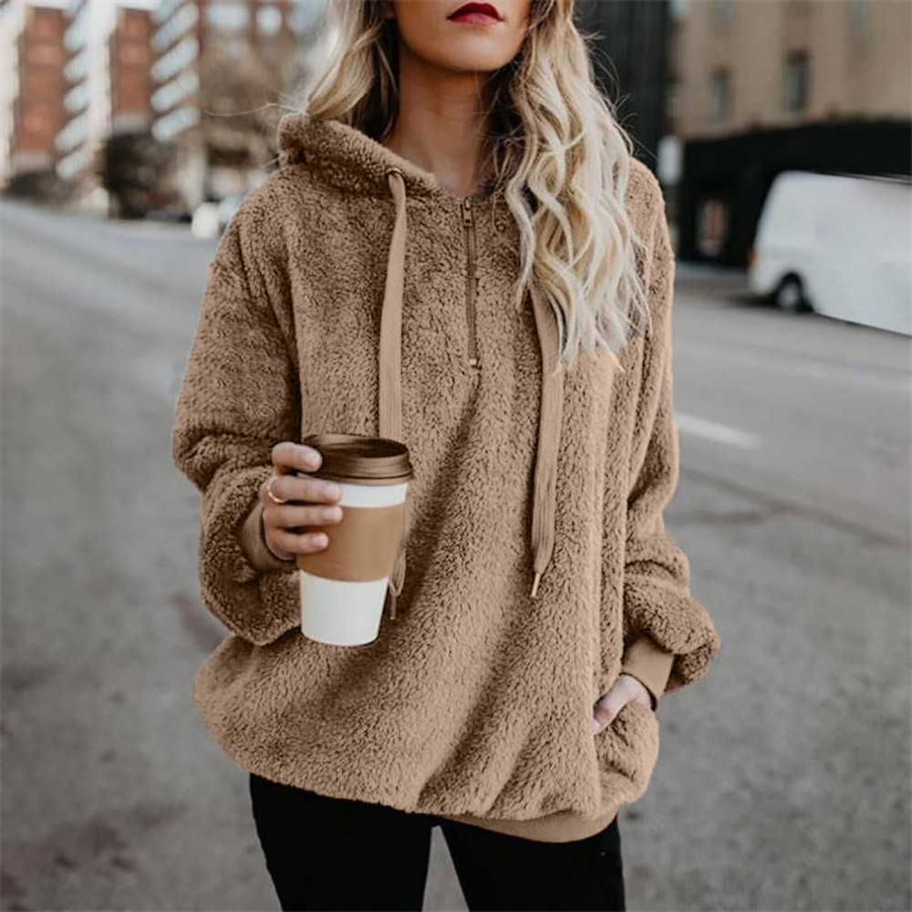 Hot Sale Women Sexy Solid Fluffy Warm Tops Hoodies Ladies Hooded Pullover Hoodie Sweatshirt