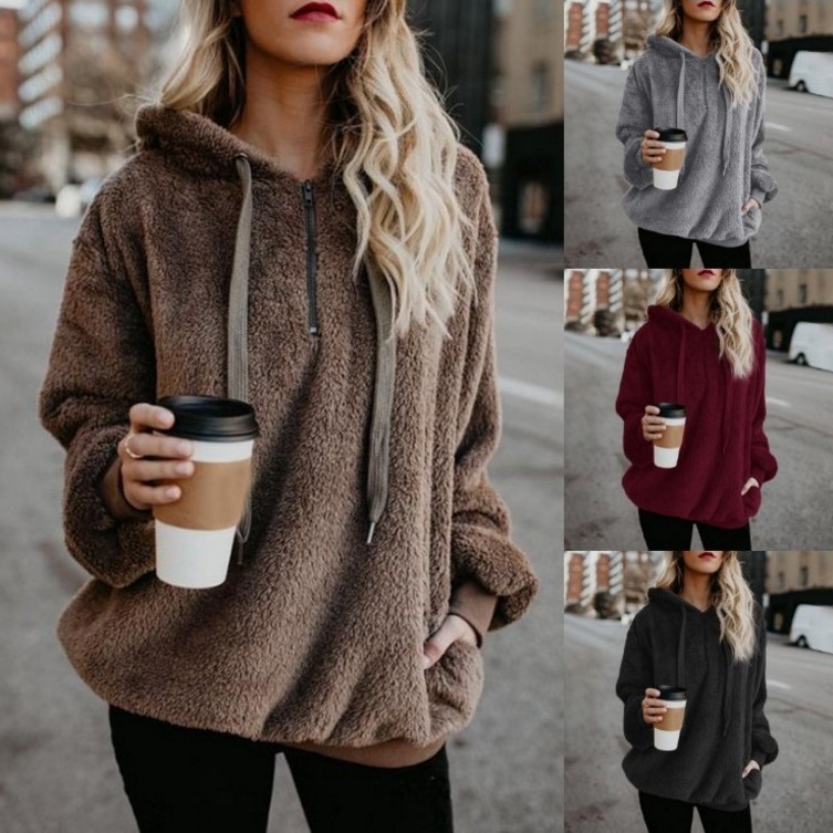 Hot Sale Women Sexy Solid Fluffy Warm Tops Hoodies Ladies Hooded Pullover Hoodie Sweatshirt