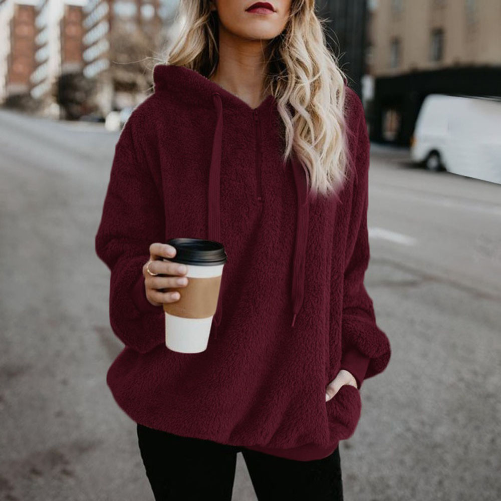 Hot Sale Women Sexy Solid Fluffy Warm Tops Hoodies Ladies Hooded Pullover Hoodie Sweatshirt
