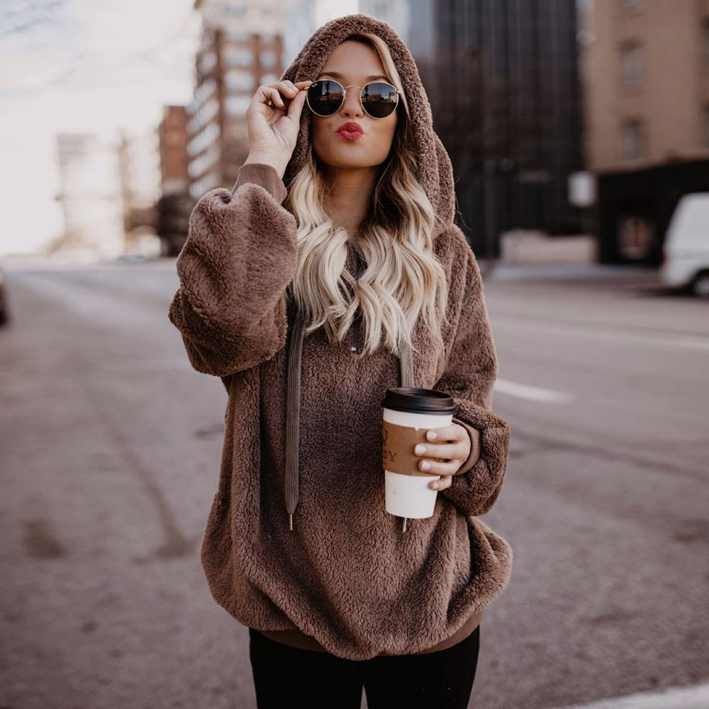 Hot Sale Women Sexy Solid Fluffy Warm Tops Hoodies Ladies Hooded Pullover Hoodie Sweatshirt