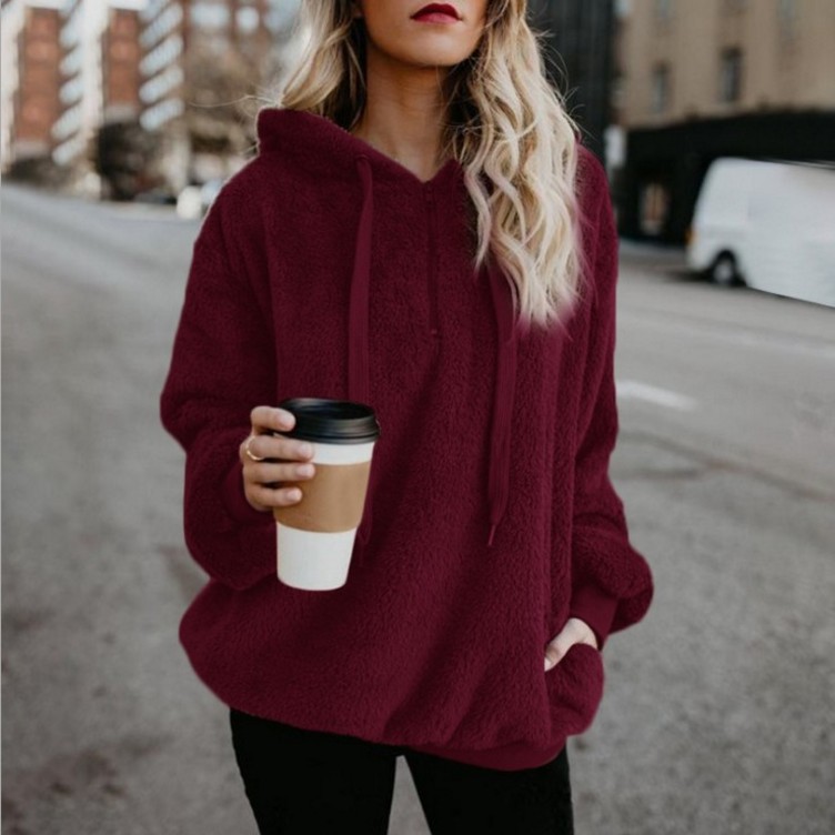 Hot Sale Women Sexy Solid Fluffy Warm Tops Hoodies Ladies Hooded Pullover Hoodie Sweatshirt