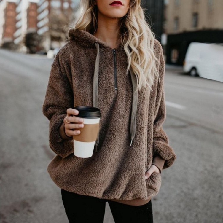 Hot Sale Women Sexy Solid Fluffy Warm Tops Hoodies Ladies Hooded Pullover Hoodie Sweatshirt