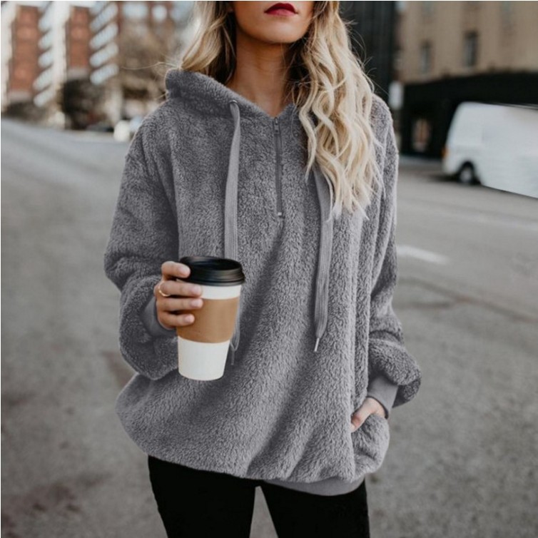 Hot Sale Women Sexy Solid Fluffy Warm Tops Hoodies Ladies Hooded Pullover Hoodie Sweatshirt