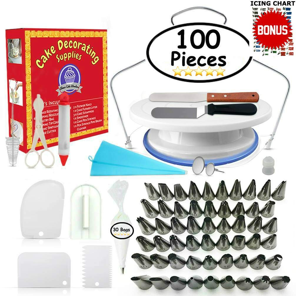 100PCS Multifunction Cake Decorating Kit Cake Turntable Set Pastry Tube Fondant Kitchen Bakery Tools