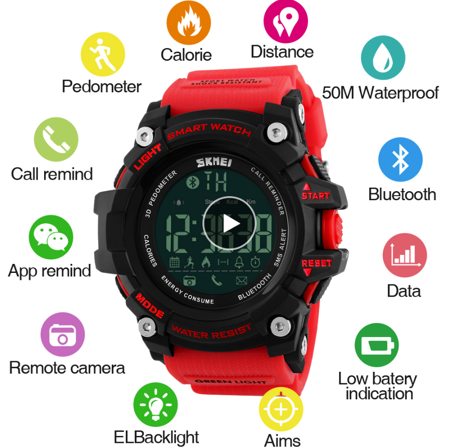 SKMEI Men Watch Pedometer Calories Smart Watch  Sports Watches 50M Waterproof Digital Wristwatches