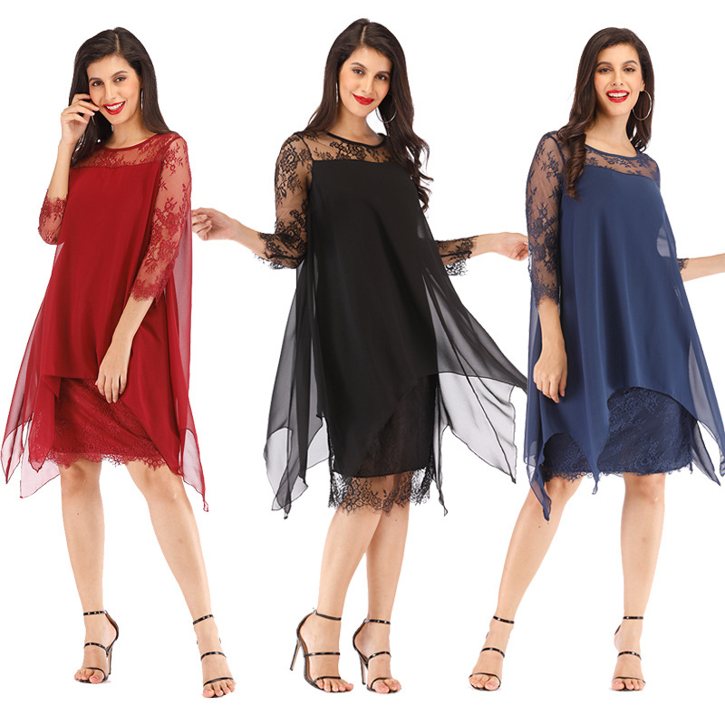 Plus Size Chiffon Dresses Women Office Lady Dress Fashion Chiffon Overlay Three Quarter Sleeve Irregular Lace Dress