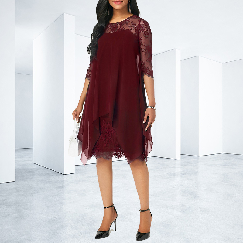 Plus Size Chiffon Dresses Women Office Lady Dress Fashion Chiffon Overlay Three Quarter Sleeve Irregular Lace Dress