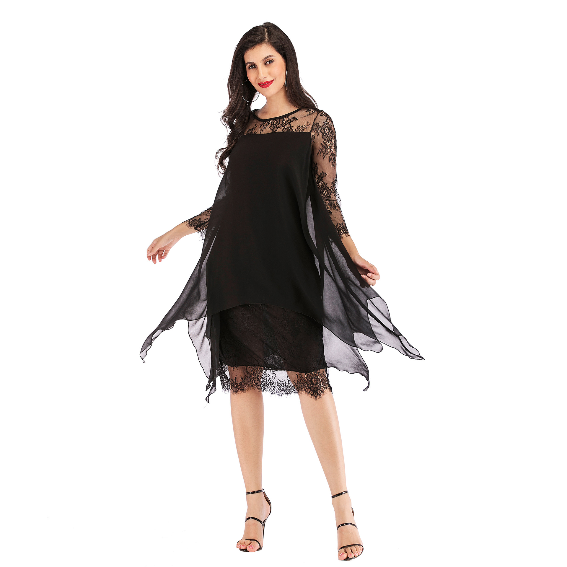 Plus Size Chiffon Dresses Women Office Lady Dress Fashion Chiffon Overlay Three Quarter Sleeve Irregular Lace Dress
