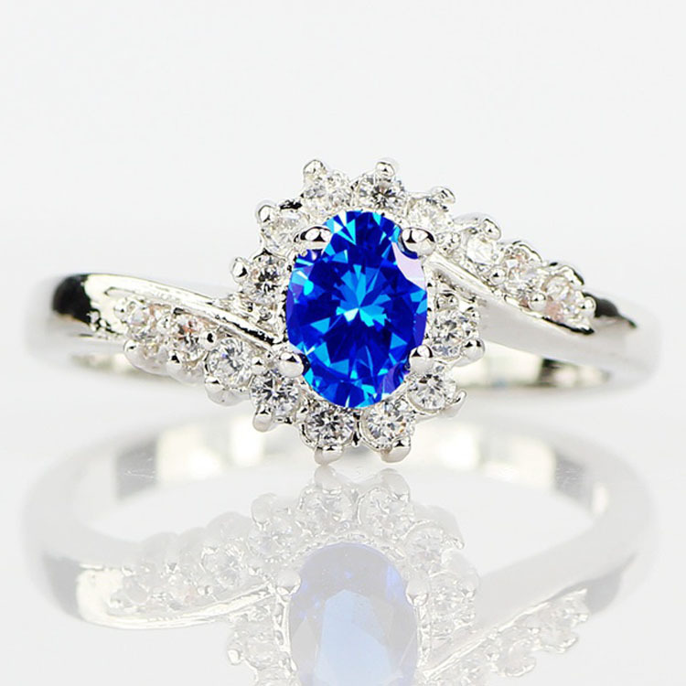 Exquisite Sterling Silver Natural Sapphire Gemstones Opal Birthstone Bride Wedding Engagement Ring