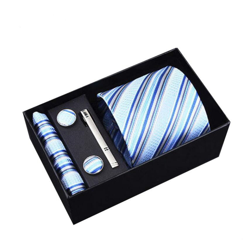 5PCS Wide Tie Sets Men Neckties Handkerchiefs Cufflinks Box Gift Polyester Silk Handmade Ties