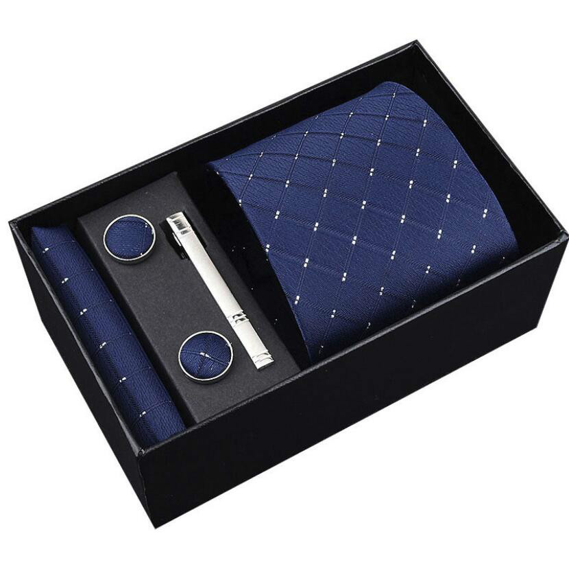 5PCS Wide Tie Sets Men Neckties Handkerchiefs Cufflinks Box Gift Polyester Silk Handmade Ties
