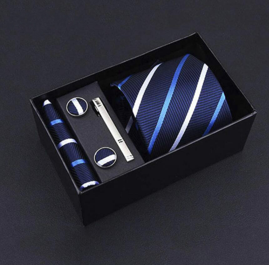 5PCS Wide Tie Sets Men Neckties Handkerchiefs Cufflinks Box Gift Polyester Silk Handmade Ties