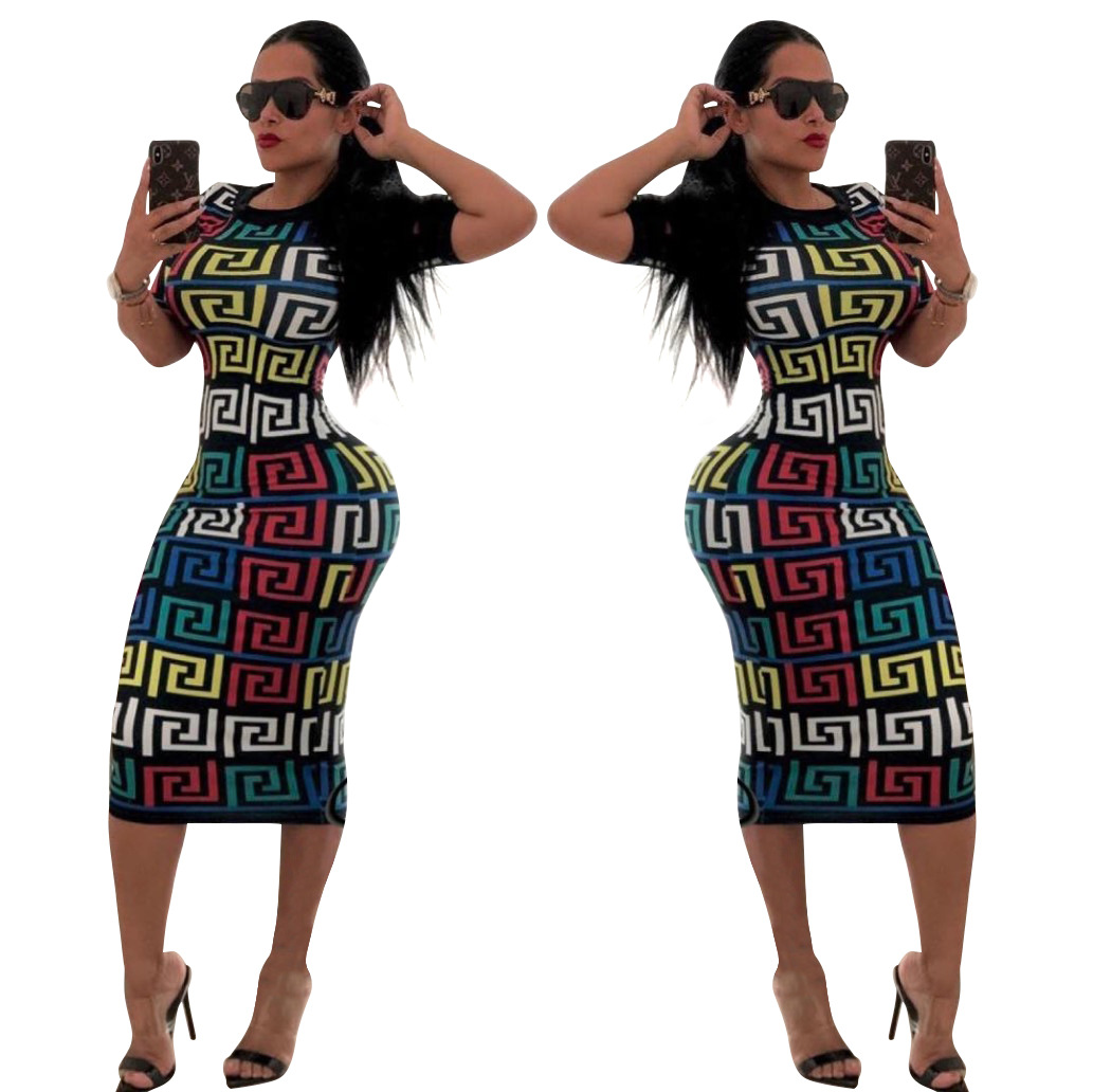 M&J New Fashion Brand Print Dresses Women Sexy Bodycon Dress Casual Party Dress