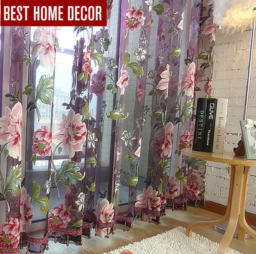New Classical Flower Curtain Window Screening Customize Finished Products Purple Tulle Curtains