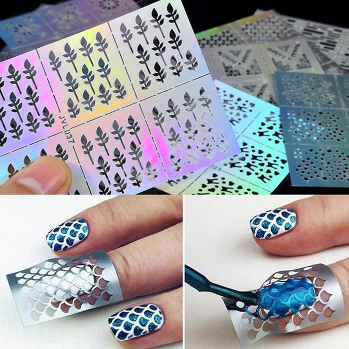 6/12/24 Sheets Nail Art Hollow Laser Sticker Gel Polish Nail Vinyl Tip Guide Template Nail Kit