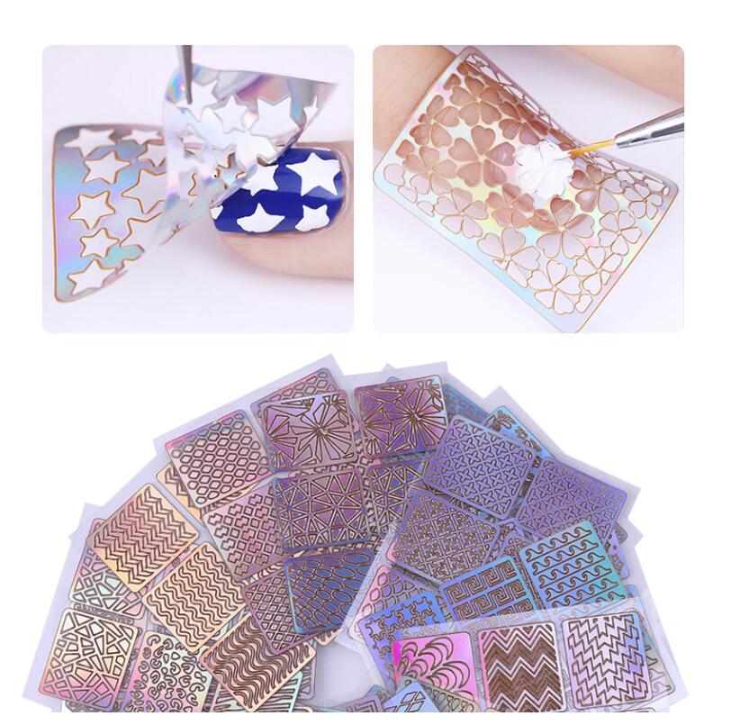 6/12/24 Sheets Nail Art Hollow Laser Sticker Gel Polish Nail Vinyl Tip Guide Template Nail Kit