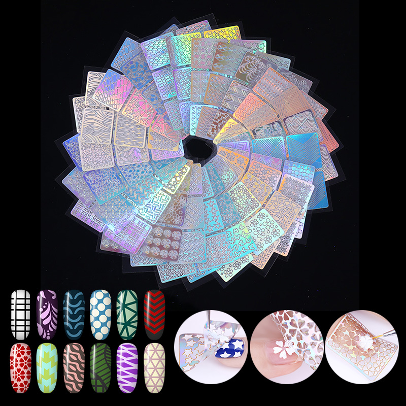 6/12/24 Sheets Nail Art Hollow Laser Sticker Gel Polish Nail Vinyl Tip Guide Template Nail Kit