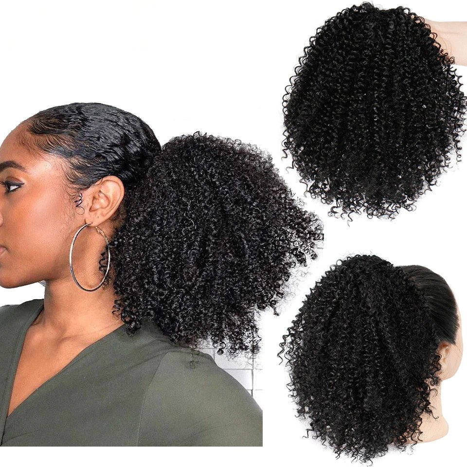 Afro Kinky Curly Ponytail African Wigs Short Wrap Synthetic clip in Ponytail Hair Extensions