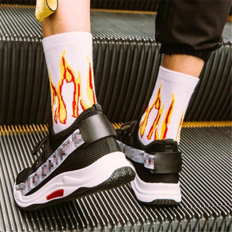 1 Pair Men Fashion Flame Pattern Hip Hop Funny Socks Harajuku Socks Street Skateboard Cotton Socks