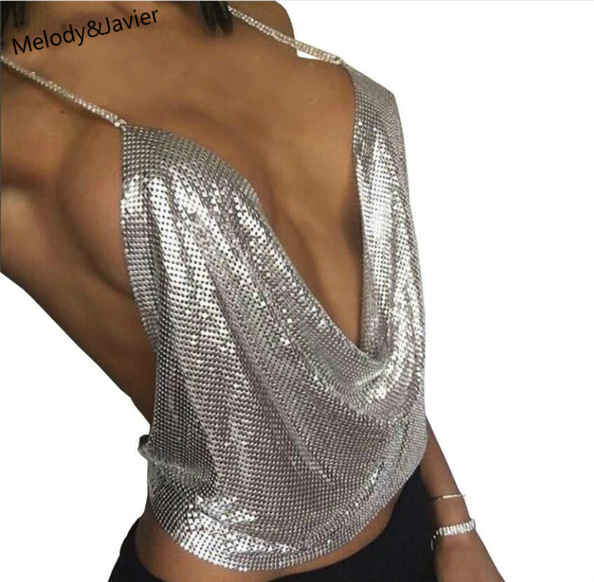 Sexy Backless Sequins Women Crop Tops Halter Tank Camis Cropped Bra Crop Top Strap Ladies Party Vest
