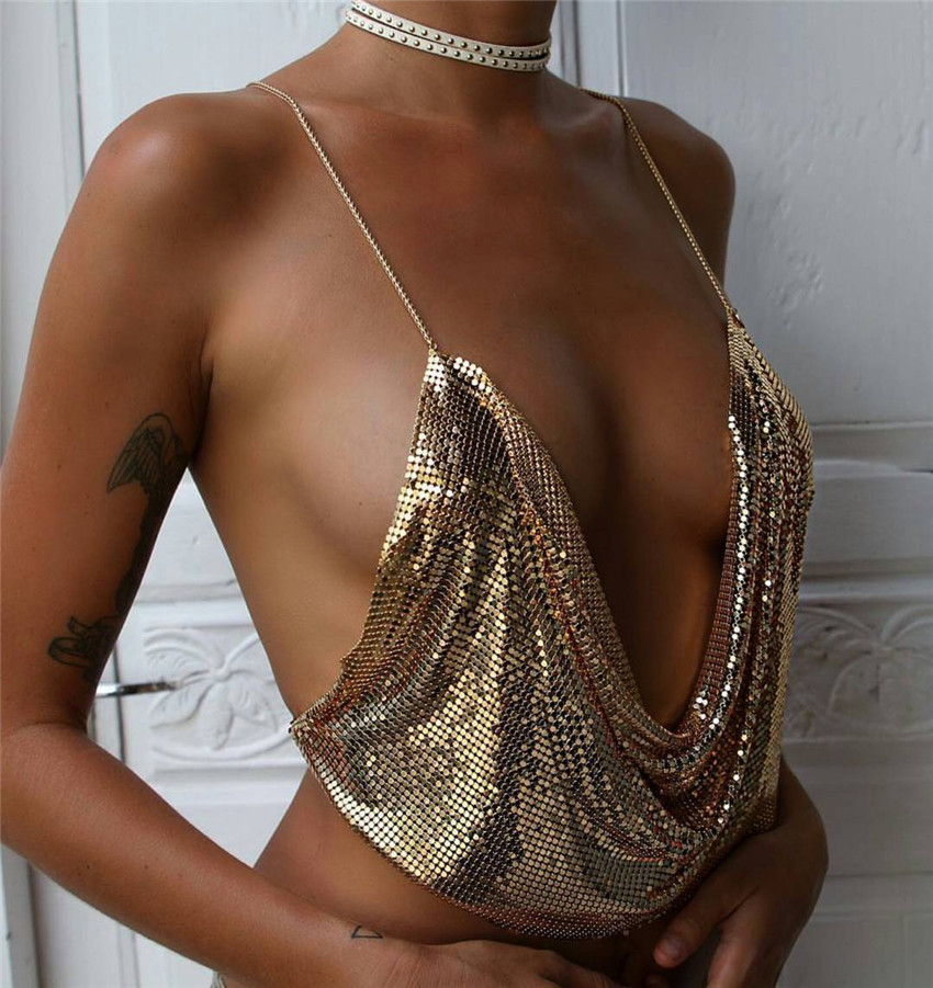 Sexy Backless Sequins Women Crop Tops Halter Tank Camis Cropped Bra Crop Top Strap Ladies Party Vest