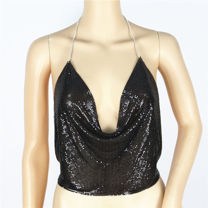 Sexy Backless Sequins Women Crop Tops Halter Tank Camis Cropped Bra Crop Top Strap Ladies Party Vest